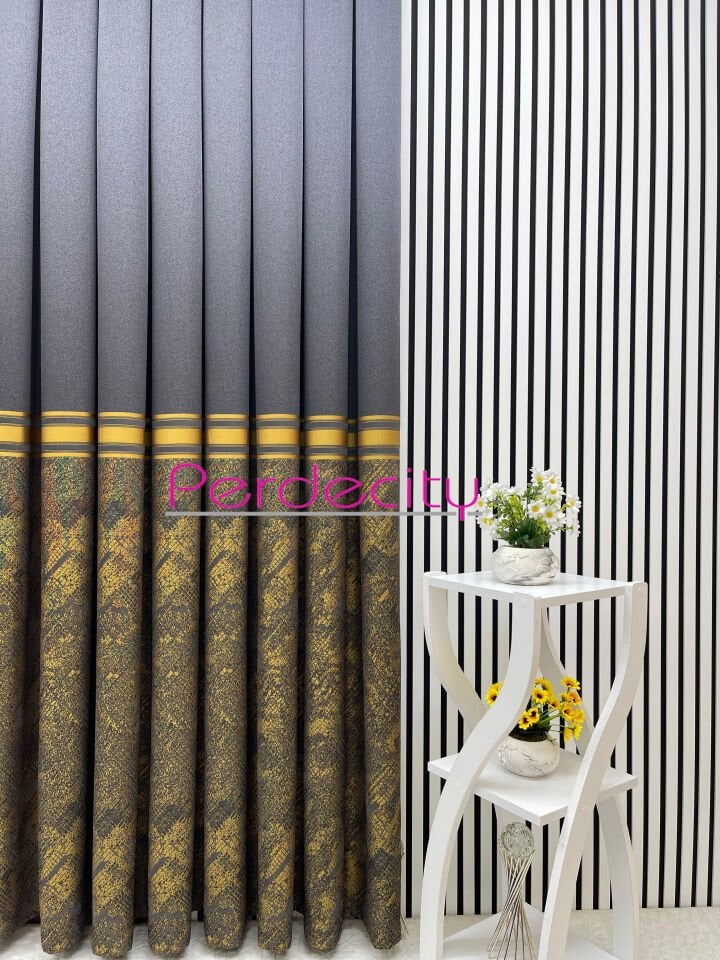 rüya antrasit gold desenli pano fon perde 1x3 sık pile