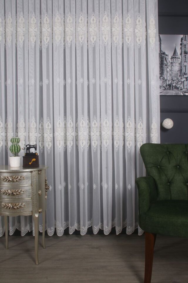 Özel Işlemeli Tül Perde 1/3 Pile Almina 25482 Ekru - 375 x 260 - 150 x 270