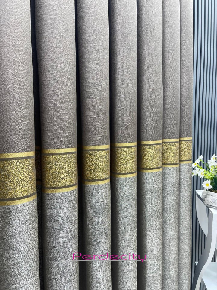 güneş gold bantlı vizon pano fon perde 1x3 sık pile [tek kanat] her odaya uygun