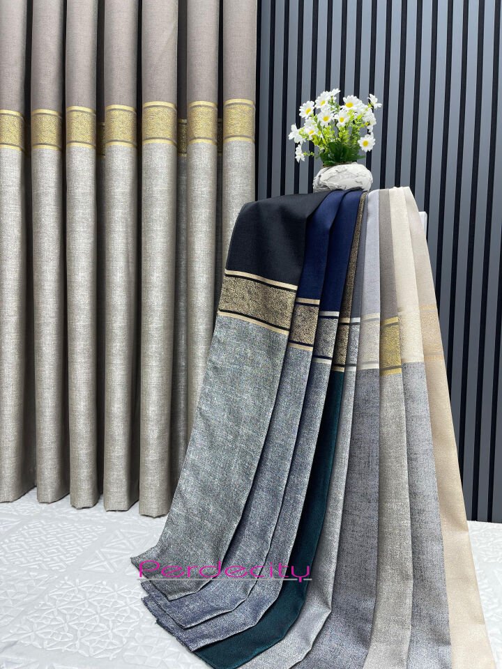 güneş gold bantlı vizon pano fon perde 1x3 sık pile [tek kanat] her odaya uygun