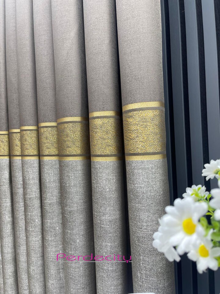 güneş gold bantlı vizon pano fon perde 1x3 sık pile [tek kanat] her odaya uygun