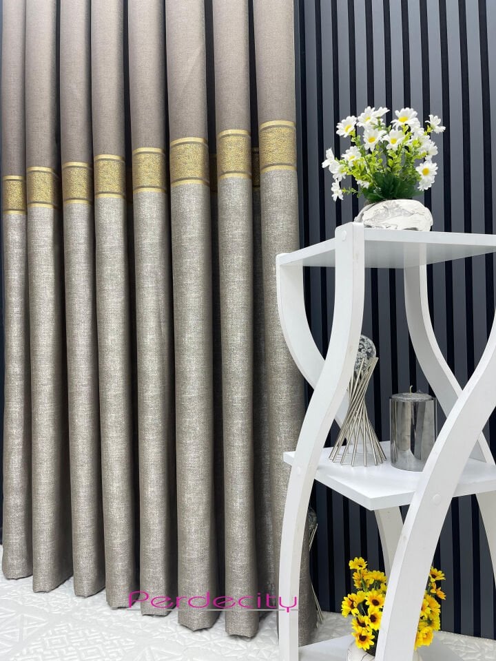 güneş gold bantlı vizon pano fon perde 1x3 sık pile [tek kanat] her odaya uygun