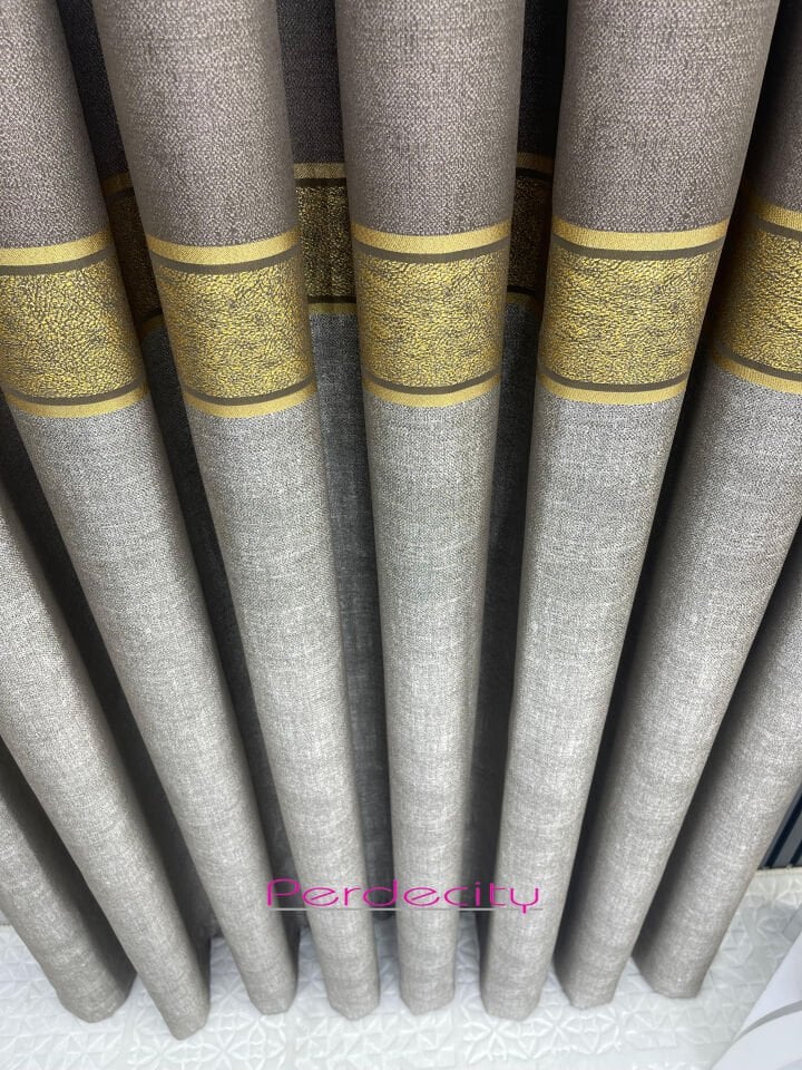 güneş gold bantlı vizon pano fon perde 1x3 sık pile [tek kanat] her odaya uygun