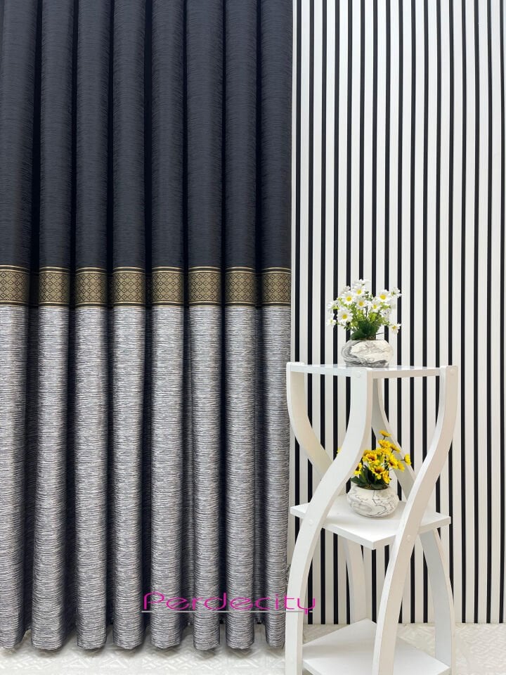 paris siyah antrasit gri gold detaylı pano fon perde 1x3 sık pile [TEK KANAT] tüm odalara uygun