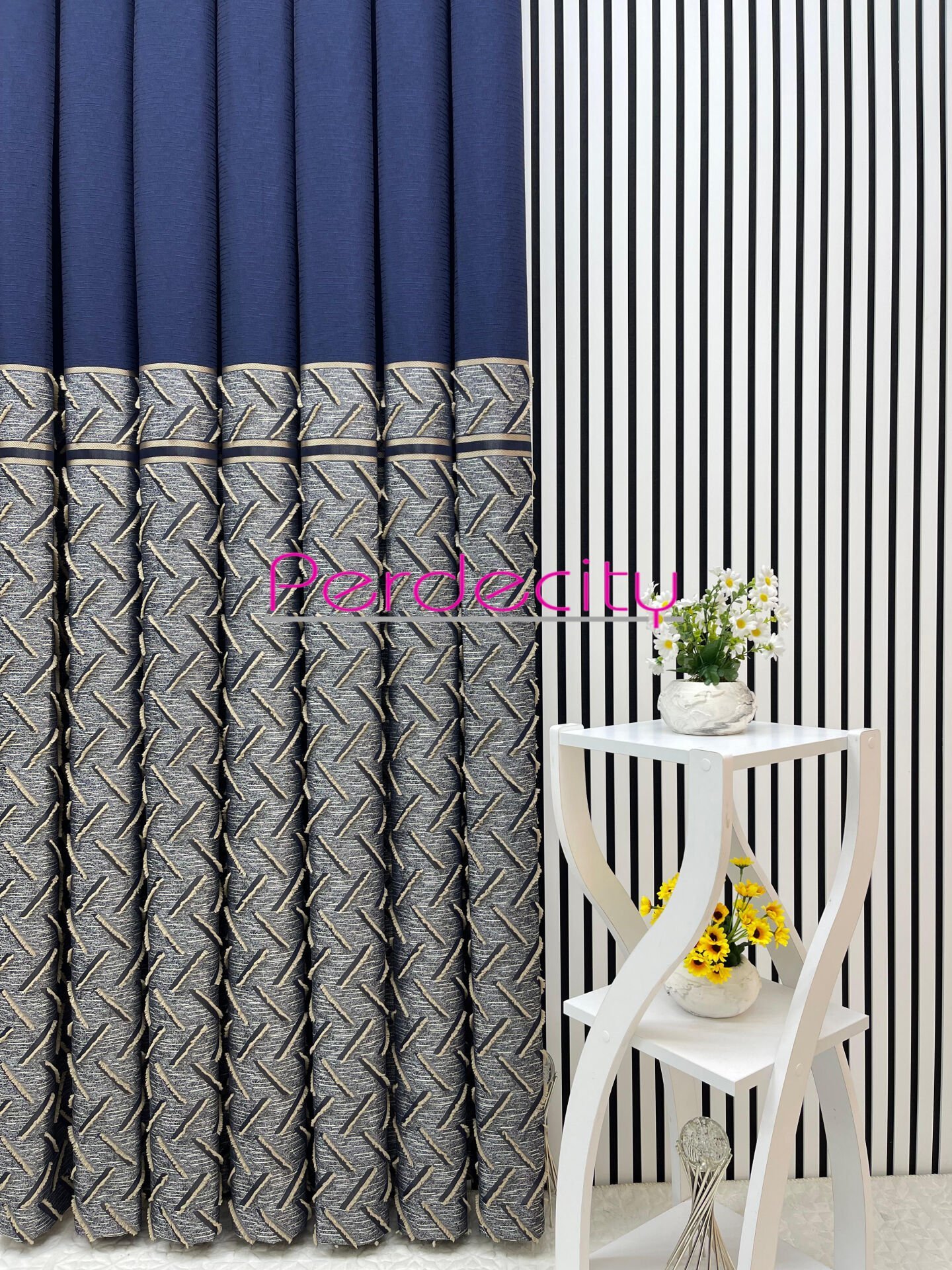 Bohem tarzı lacivert vizon saçaklı pano fon perde 1x3 sık pile tüm odalara uygun