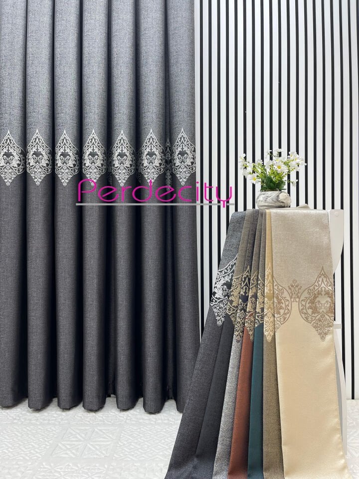 zeus antrasit gri osmanlı desen detaylı pano fon perde ütü istemez premium kalite