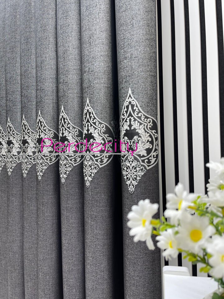 zeus antrasit gri osmanlı desen detaylı pano fon perde ütü istemez premium kalite
