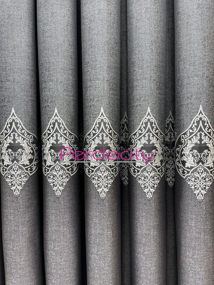 zeus antrasit gri osmanlı desen detaylı pano fon perde ütü istemez premium kalite