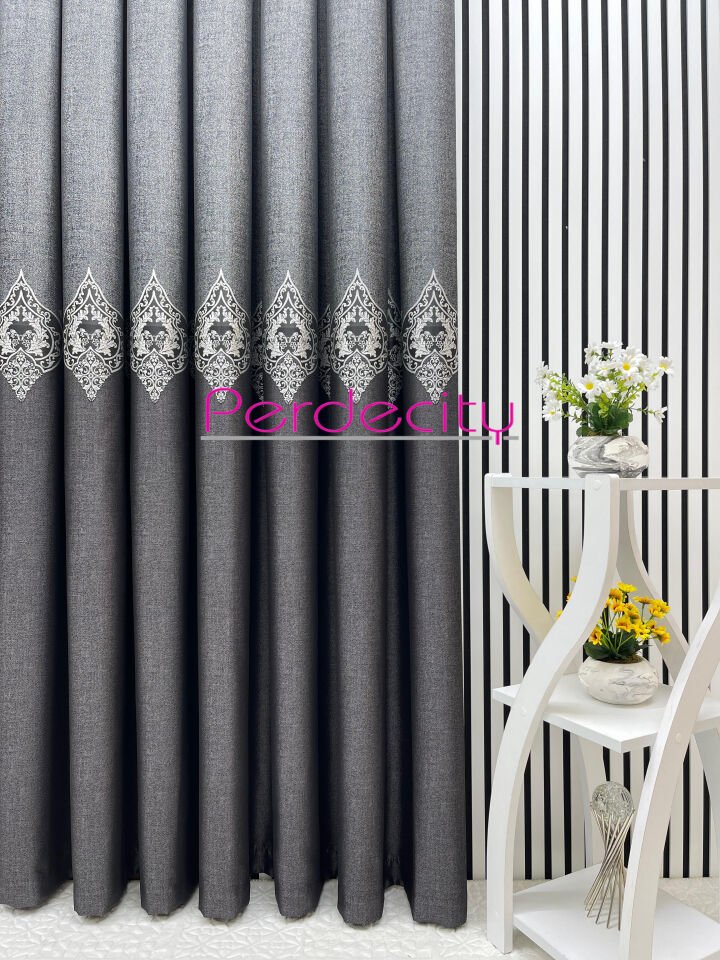zeus antrasit gri osmanlı desen detaylı pano fon perde ütü istemez premium kalite