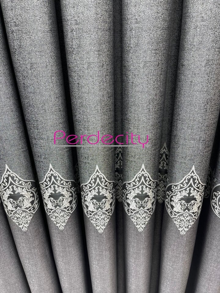 zeus antrasit gri osmanlı desen detaylı pano fon perde ütü istemez premium kalite