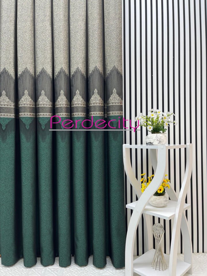 viyana yeşil gri orta desen detaylı pano fon perde ütü istemez kırışma yapmaz