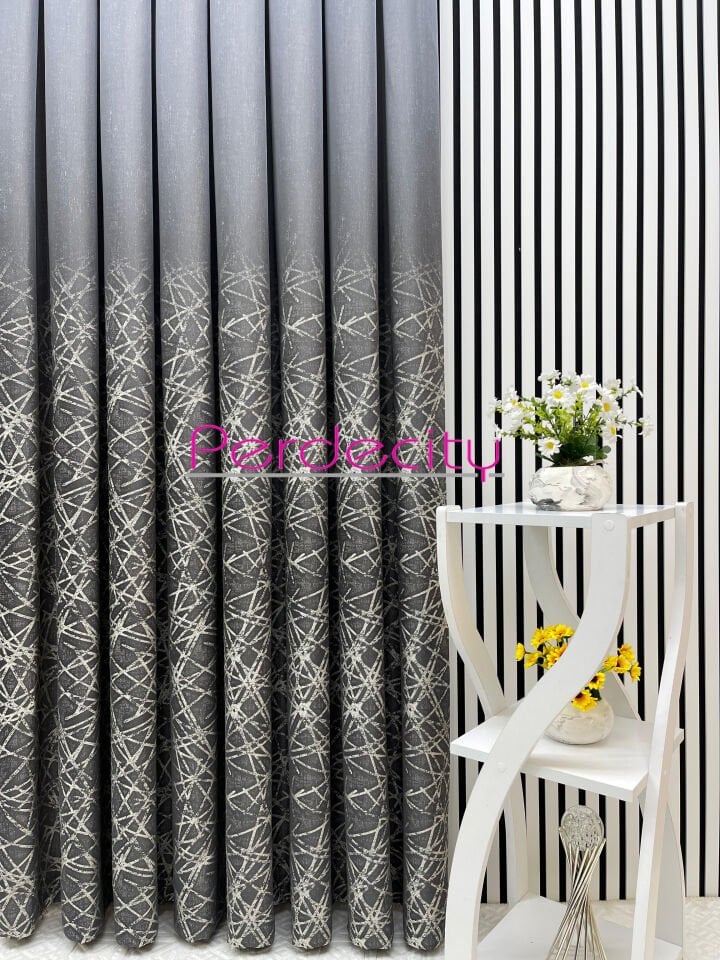 Roza Gri-gümüş Renk Desenli Pano Fon Perde 1/3 Sık Boru Pile