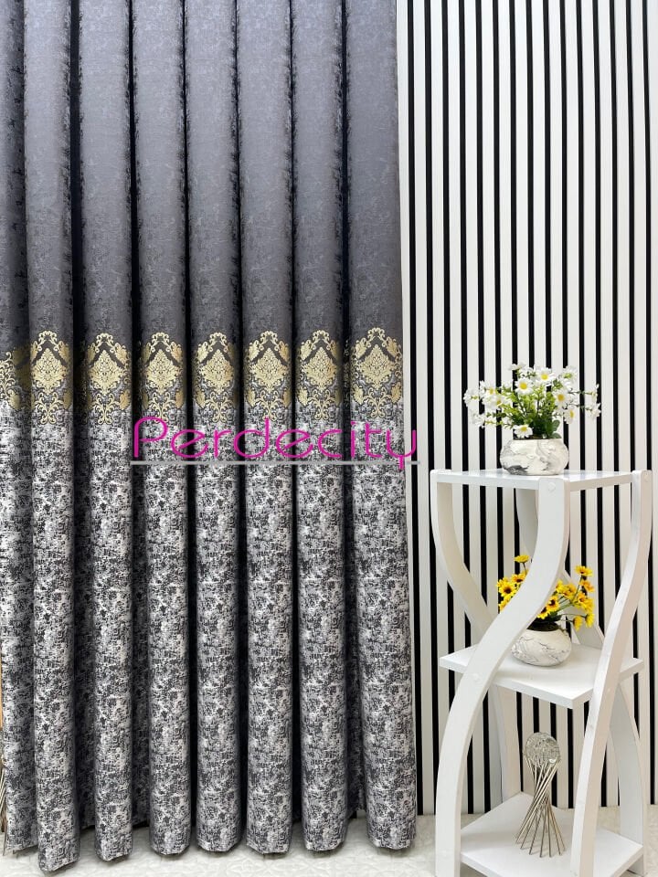 Venüs gri antrasit gold osmanlı desenli pano fon perde 1x3 sık pile tüm odalara uygun