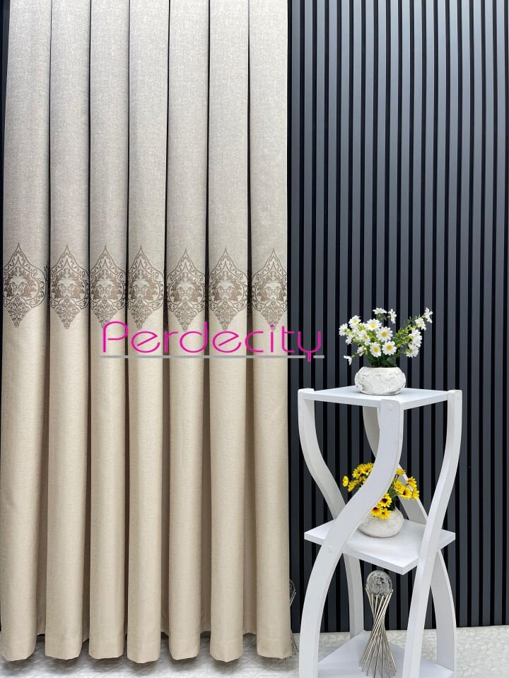 zeus krem vizon ortası osmanlı desen pano fon perde 1x3 sık pile [tek kanat]