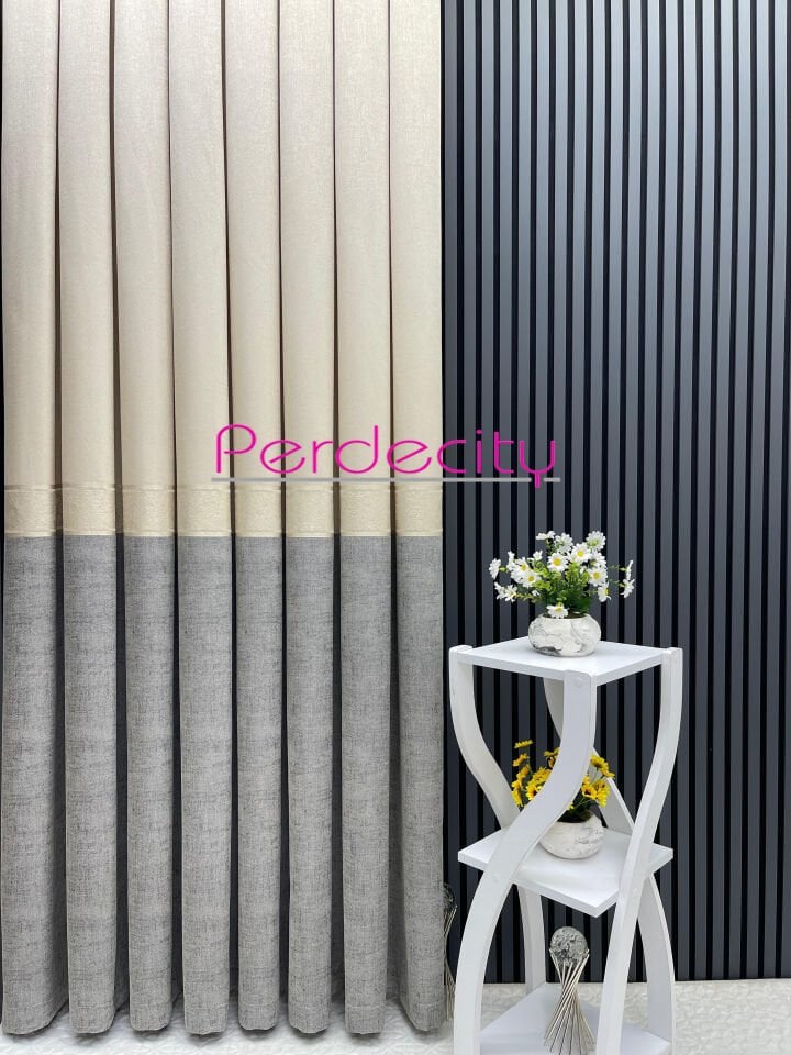 Güneş krem gri gold detaylı pano fon perde 1x3 sık pile [tek kanat] tüm odalara uygun