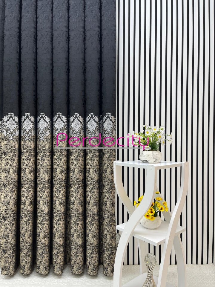venüs siyah gri gold osmanlı desen pano fon perde 1x3 sık pile  her odaya uygun